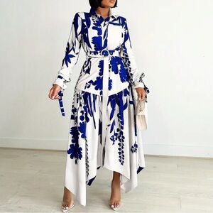 Elegant Blue & White Floral Midi Dress – Belted Button-Up, Long Sleeve,